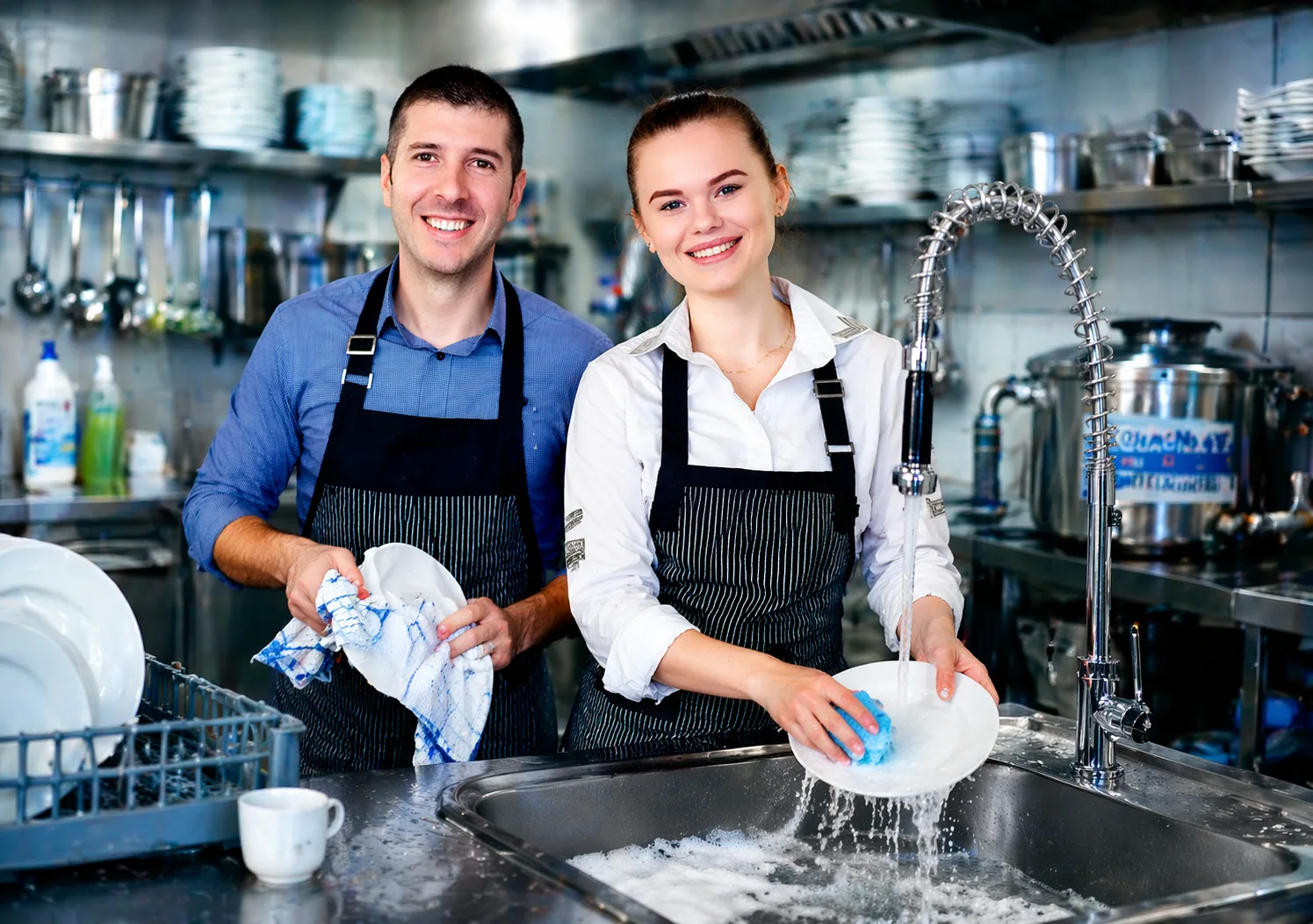 Medewerkers spoelen af in een compacte horecakeuken