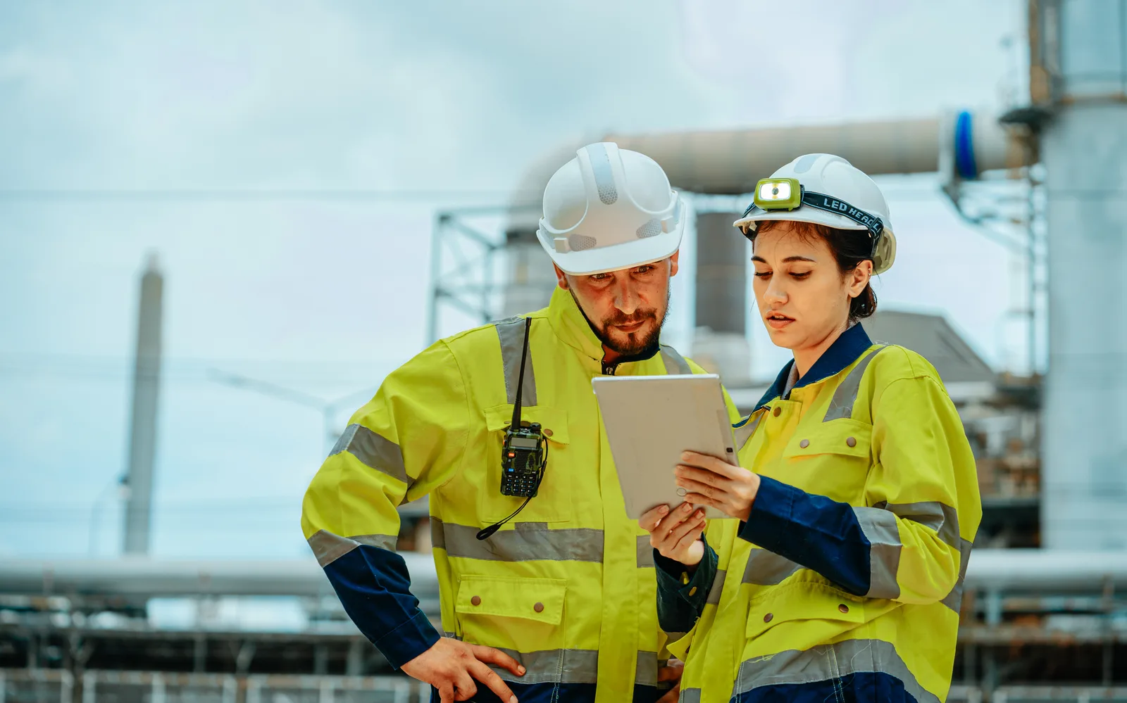 Twee uitvoerders overleggen met een tablet op locatie
