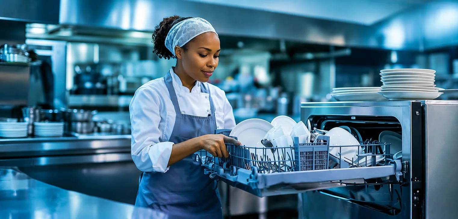 Professionele vaatwasser wordt uitgeruimd in een restaurantkeuken
