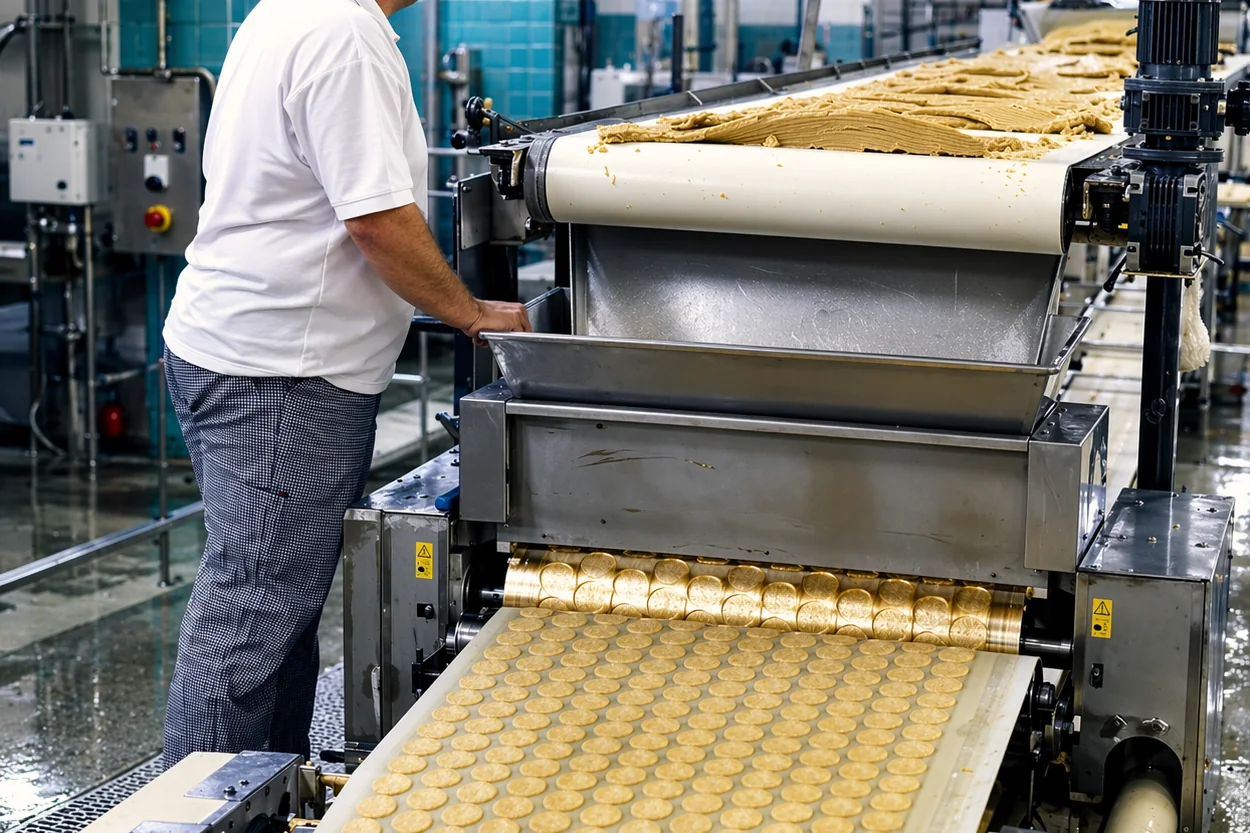 Productielijn met koekjes op een transportband in een bakkerij