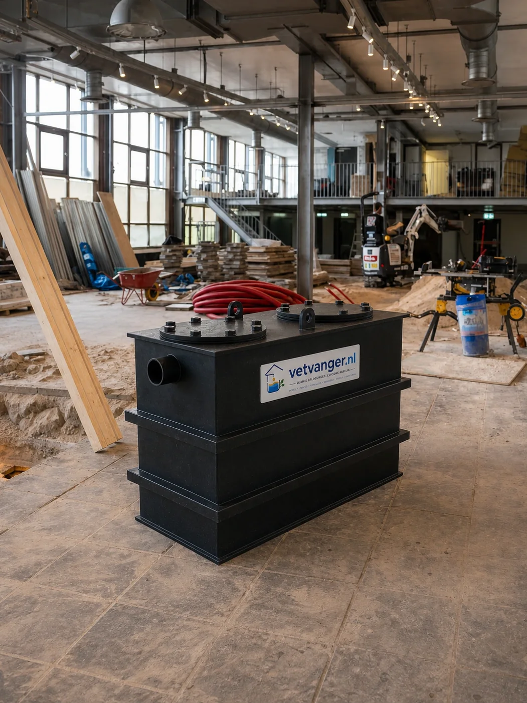 Bovengrondse vetafscheider vrij opgesteld in een pand tijdens de verbouwing
