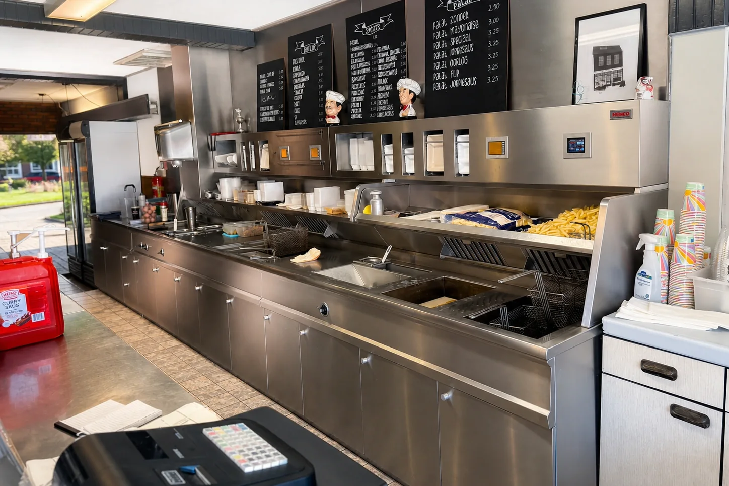 Roestvaststalen toonbank met friteuses in de keuken van een cafetaria