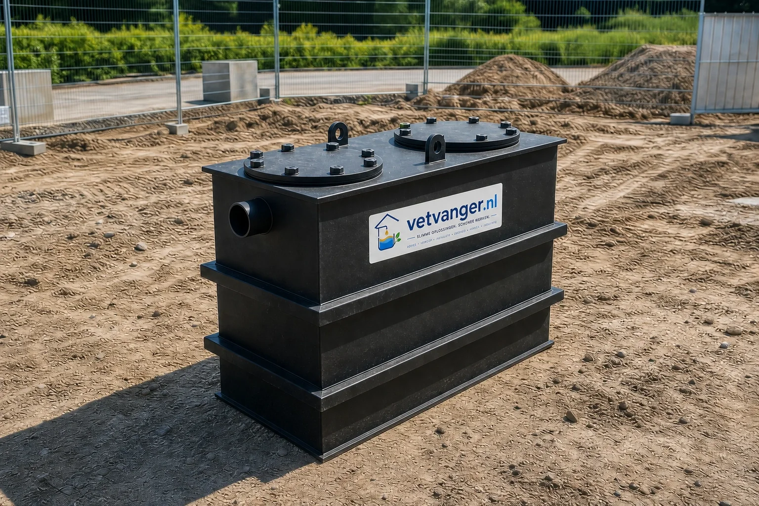 Rechthoekige HDPE vetafscheider met gasdichte deksels op locatie