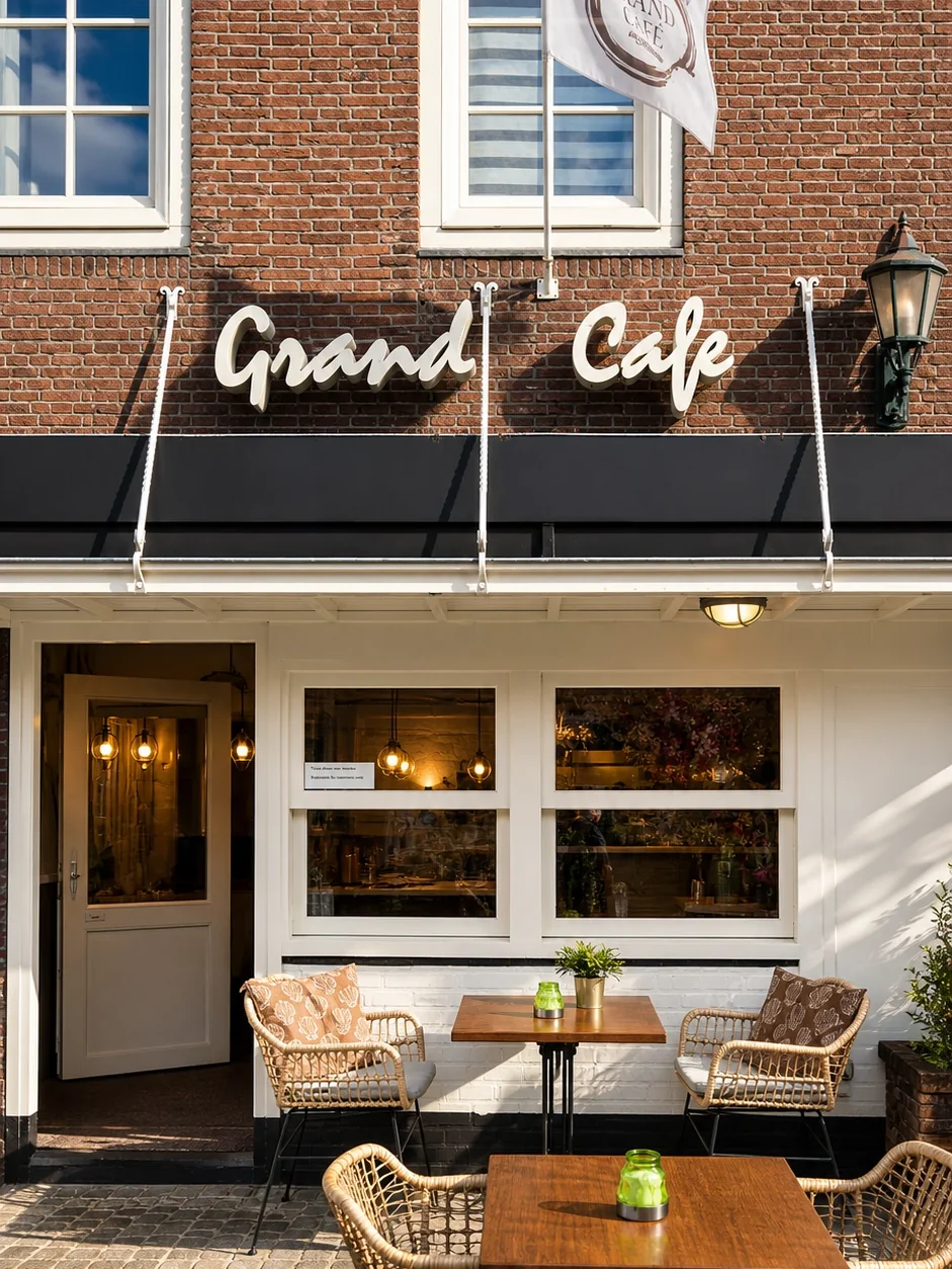 Gevel van een grand cafe met terrasstoelen en tafels
