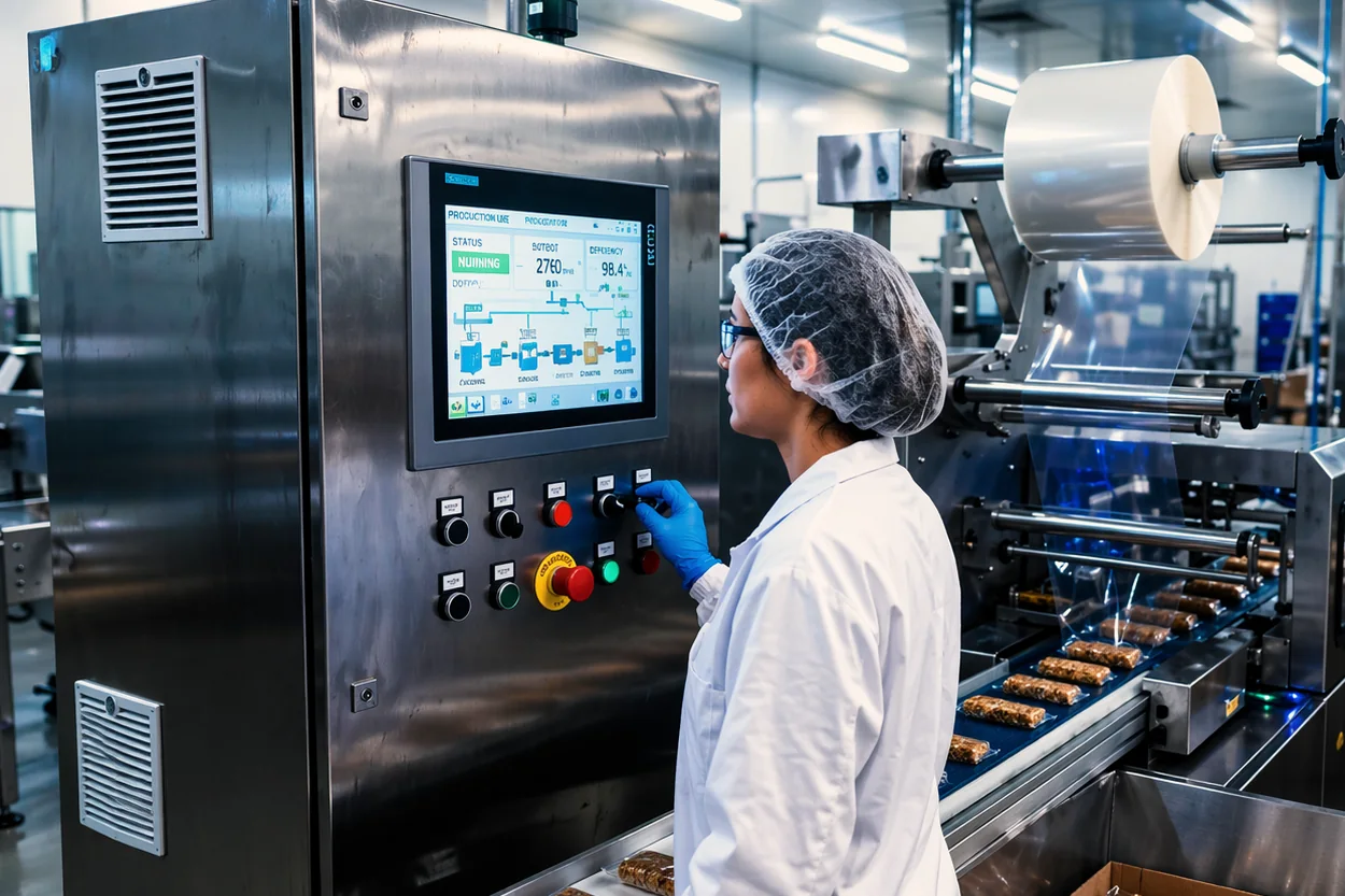Medewerker bedient een verpakkingslijn in een levensmiddelenfabriek