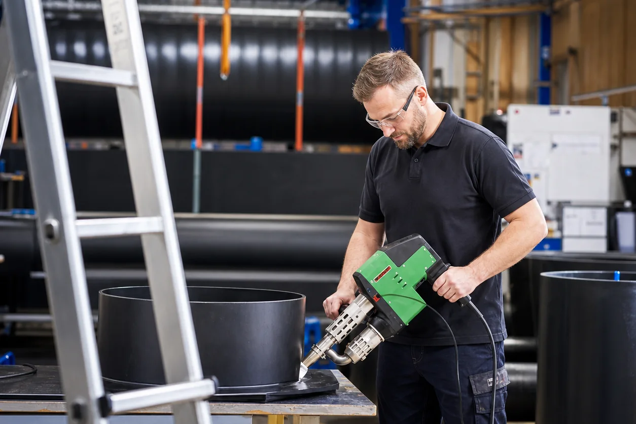 Vakman last een HDPE vetafscheider op maat in de werkplaats