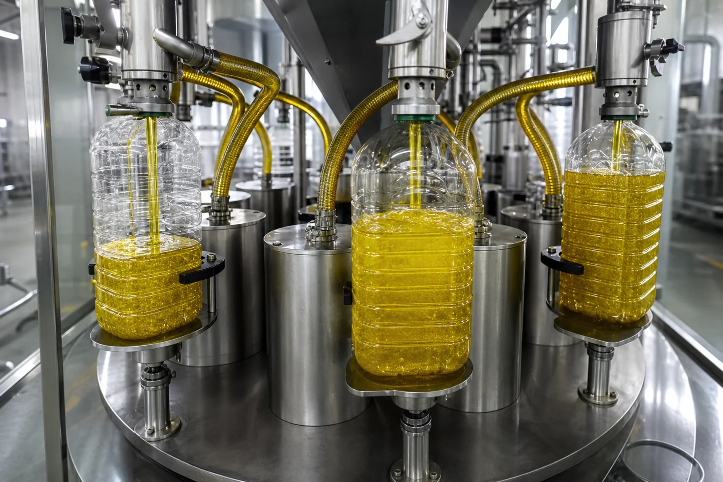Vullijn waar flessen met plantaardige olie worden gevuld in een productielocatie